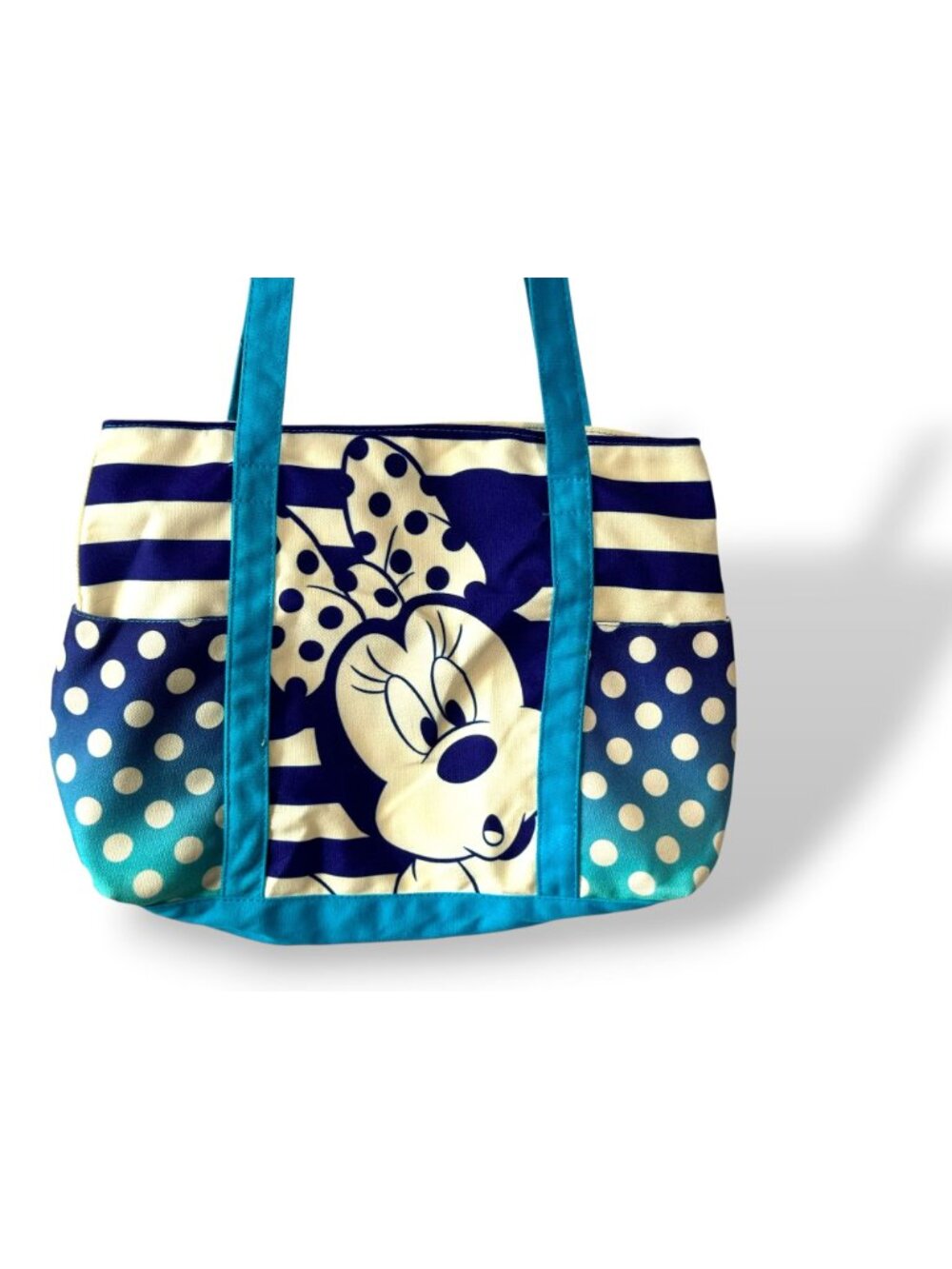Disney Minnie Mouse Tote Bag Canvas Polka Dot & Striped Print Blue/White - Picture 2 of 11